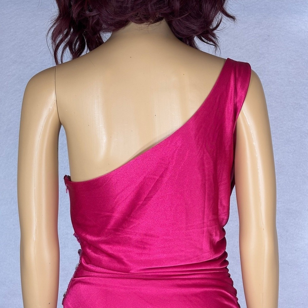 Vintage y2k Pink Satin One Shoulder Ruched Mini Dress Rhinestone Party MEDIUM - Picture 5 of 10